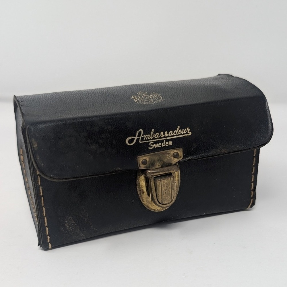 Vintage Ambassadeur Sweden Black Leather Fishing Reel Pouch Brass Buckle Case